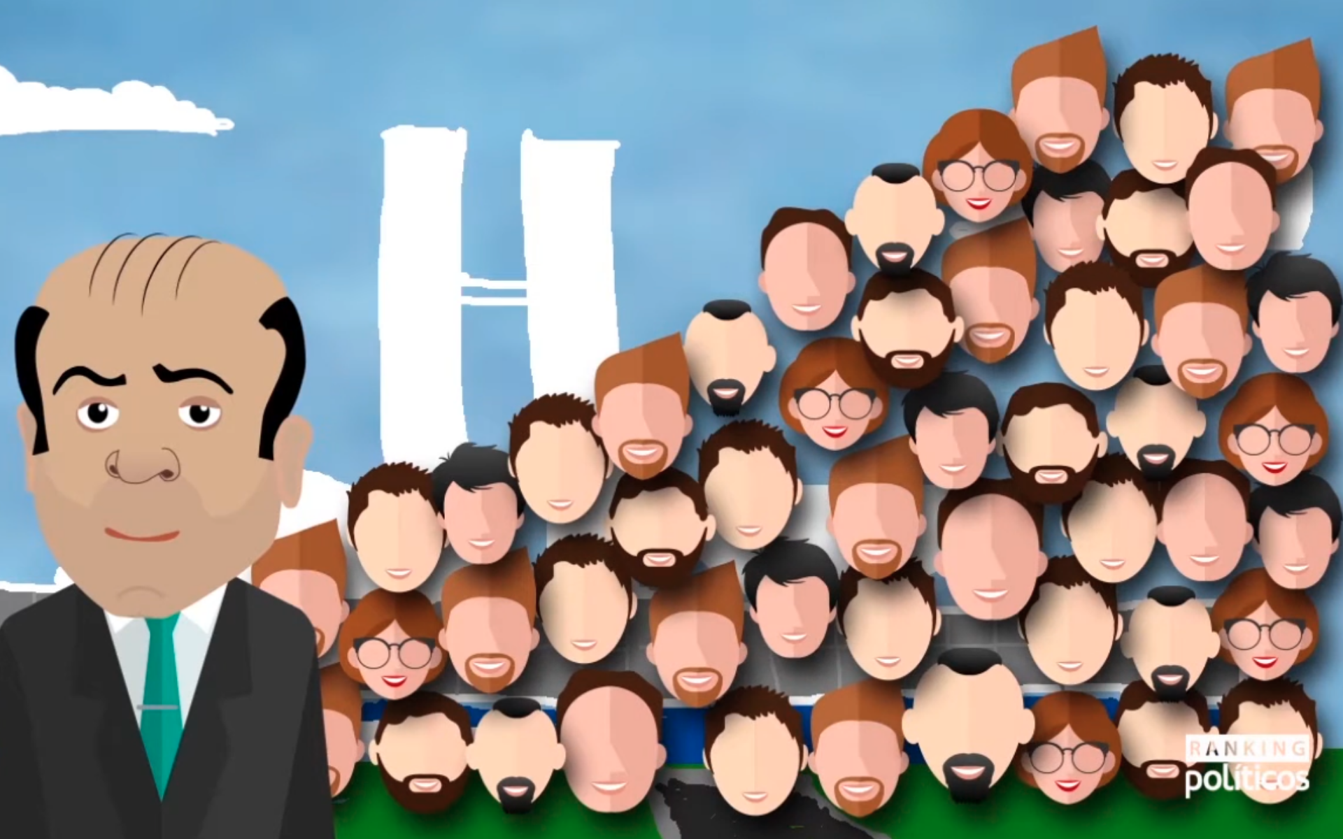 Animação do vídeo “A vida dura do senador”, mostrando caricatura de político e grupo de pessoas, com crítica aos privilégios dos senadores no Brasil.